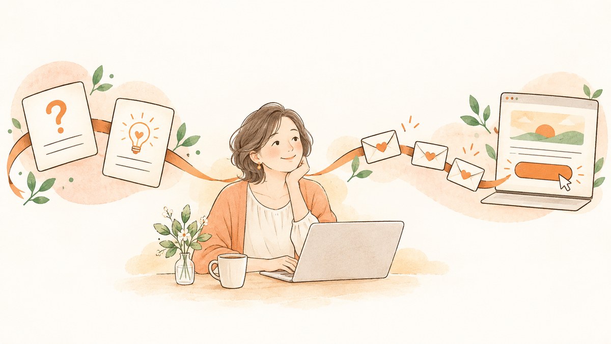 診断からステップメール、申込ページへとつながる流れのイメージ