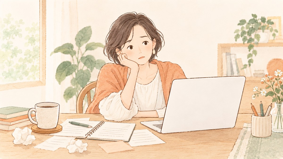 パソコンの前で手が止まって悩んでいる女性のイメージ