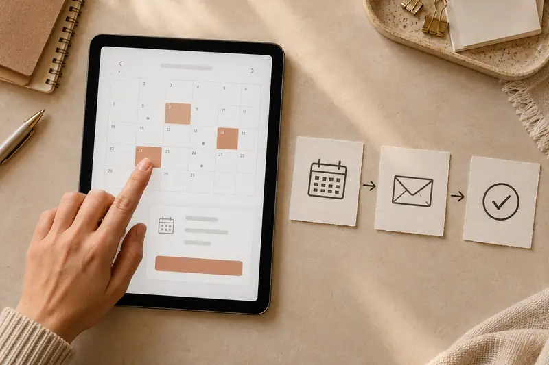 予約カレンダーのタブレットと、予約からメール・完了までの流れ