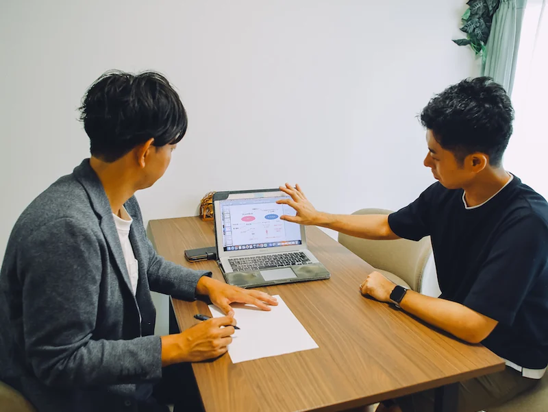 ノートパソコンの画面を指しながら、お客様と一緒に集客の仕組みを確認するTAKESHI